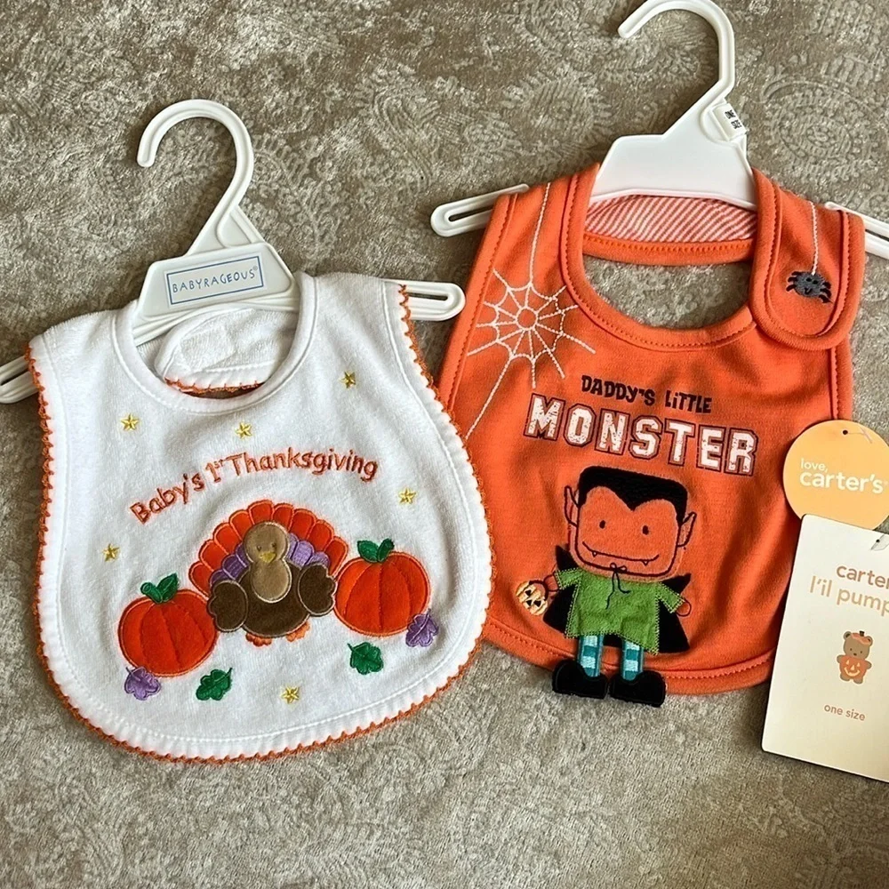 Brand New Set of 2 Cloth Baby Bibs Orange Halloween Thanksgiving Turkey Pumpkin